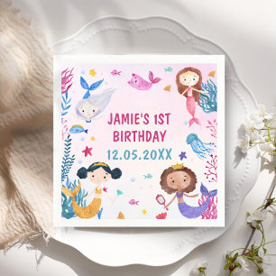 Mermaid Girl 1st Birthday Party Napkin