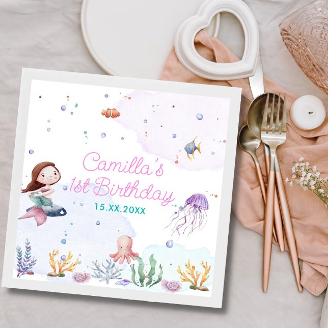 Mermaid Girl 1st Birthday Party Napkin (Creator Uploaded)