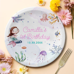 Mermaid Girl 1st Birthday Party Paper Plate