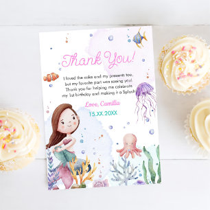 Mermaid Girl 1st Birthday Party Thank You Card