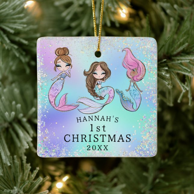 Mermaid Girl 1st Christmas Ceramic Ornament (Tree)
