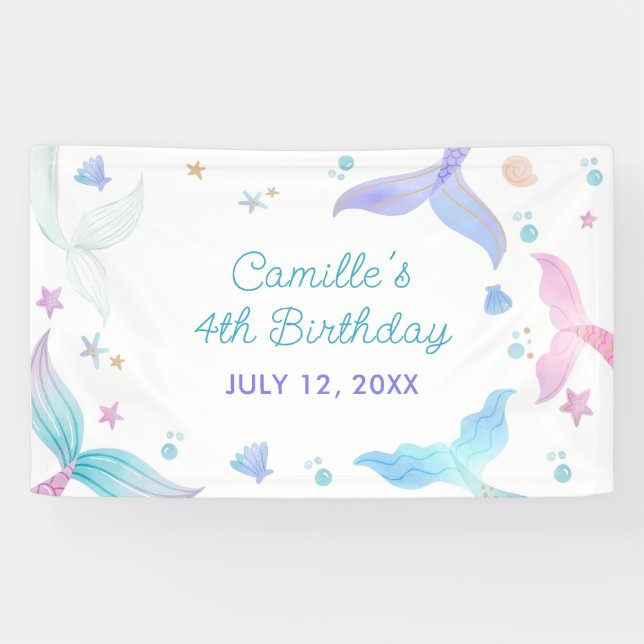 Mermaid Girl 4th Birthday Party Banner (Horizontal)