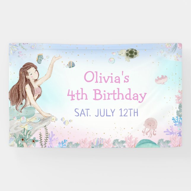 Mermaid Girl 4th Birthday Party Banner (Horizontal)