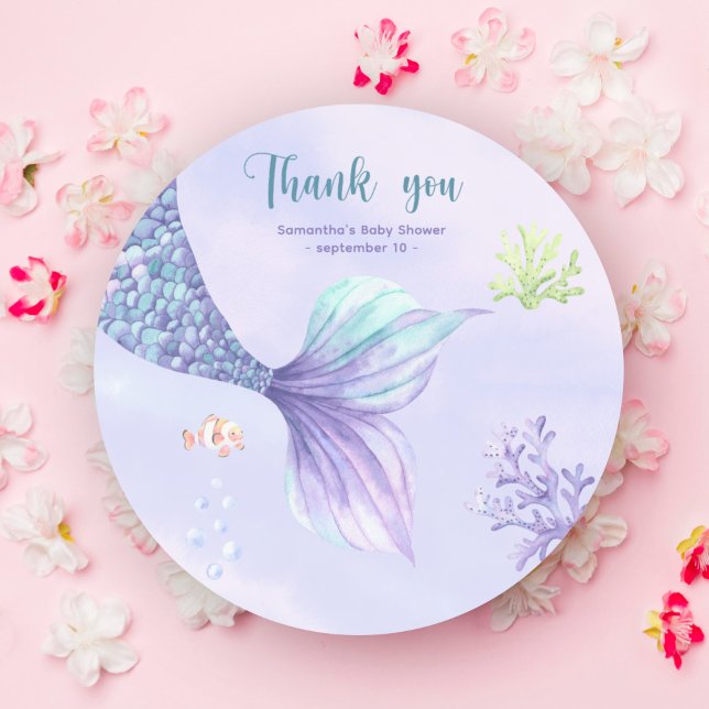 Mermaid Girl Baby Shower Thank you Classic Round Sticker (Creator Uploaded)