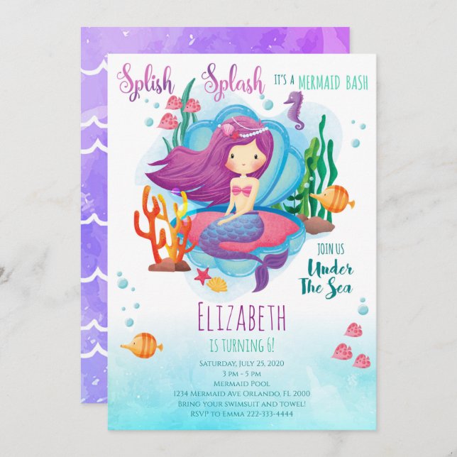 Mermaid Girl Birthday Invitation (Front/Back)