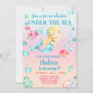 Mermaid girl birthday invitation, under the sea. invitation