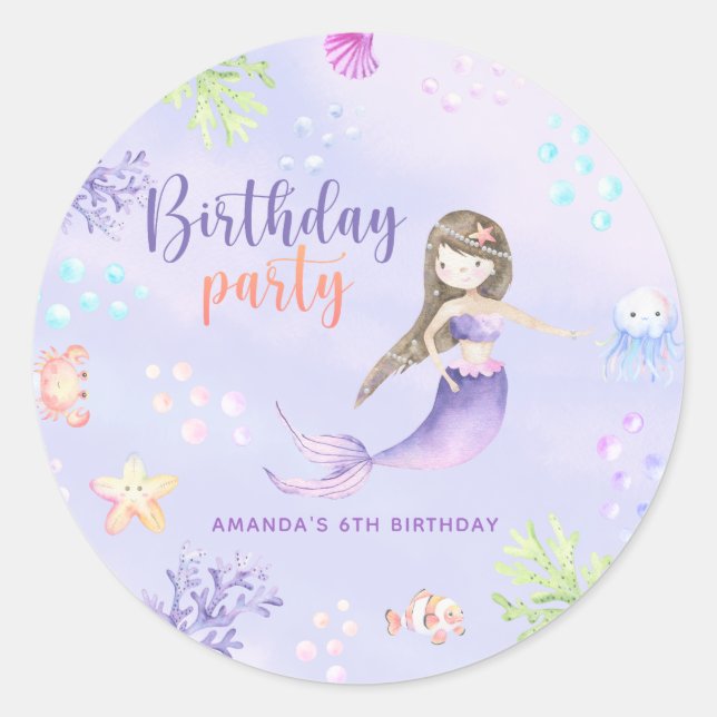 Mermaid Girl Birthday Party Classic Round Sticker (Front)