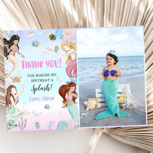 Mermaid Girl Birthday Party Photo Thank You Card
