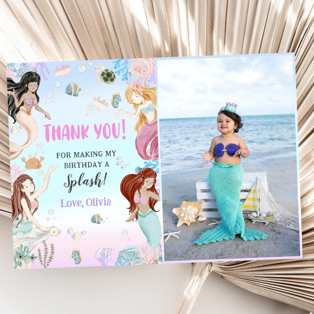Mermaid Girl Birthday Party Photo Thank You Card (Creator Uploaded)