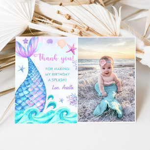 Mermaid Girl Birthday Party Photo Thank You Card