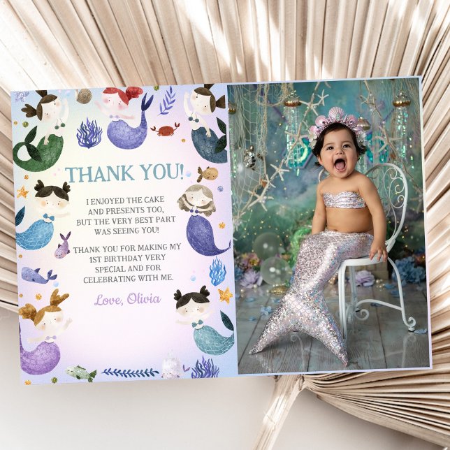 Mermaid Girl Birthday Party Photo Thank You Card (Creator Uploaded)