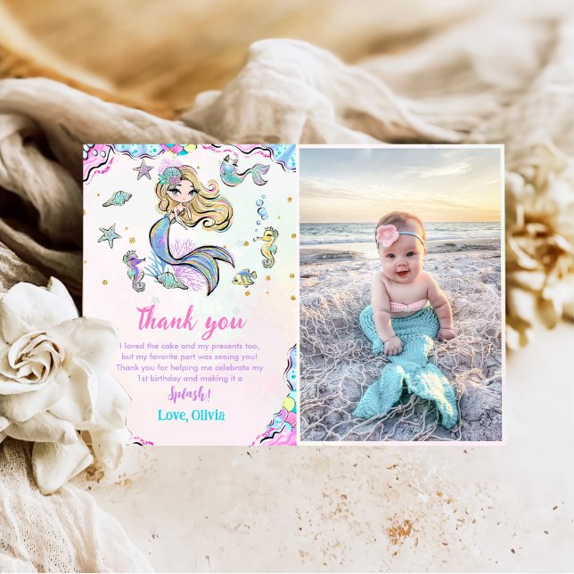 Mermaid Girl Birthday Party Photo Thank You Card (Creator Uploaded)