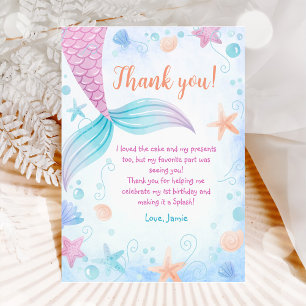 Mermaid Girl Birthday Party  Thank You Card