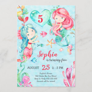 Mermaid Girl Birthday Under the Sea Cute Teal Pink Invitation