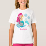 Mermaid Girl Cute Beach Birthday Monogram Kids T-Shirt<br><div class="desc">Customise this beautiful pink haired mermaid birthday party girls t-shirt by adding your kid's name. Cute mermaid design with pretty underwater ocean narwhal and under the sea bubbles. Cute gift for a beach or pool outing in the summer.</div>