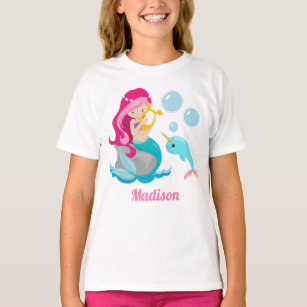 Mermaid Girl Cute Beach Birthday Monogram Kids T-Shirt