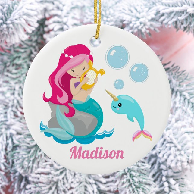 Mermaid Girl Cute Beach Narwhal Monogram Kids Ceramic Ornament (Creator Uploaded)