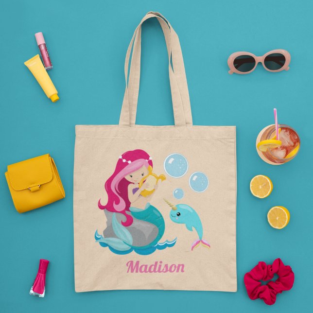 Mermaid Girl Cute Beach Narwhal Monogram Kids Tote Bag (Creator Uploaded)