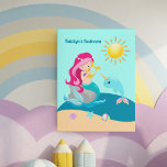 Mermaid Girl Cute Custom Beach House Kids Bedroom Faux Canvas Print<br><div class="desc">Cute custom mermaid faux canvas print personalised for a little girl. Customise this children's room decor for a kid with her name in beautiful ocean blue on a pretty teal sky.  The pink haired mermaid plays a harp next to a narwhal and yellow sun on this beach gift.</div>
