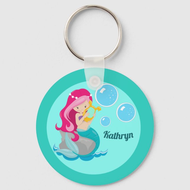 Mermaid Girl Cute Custom Teal Monogram Kids Key Ring (Front)