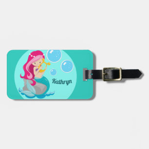 Mermaid Girl Cute Custom Teal Monogram Kids Luggage Tag