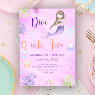 Mermaid Girl Dive Into Five 5th Birthday Party Invitation