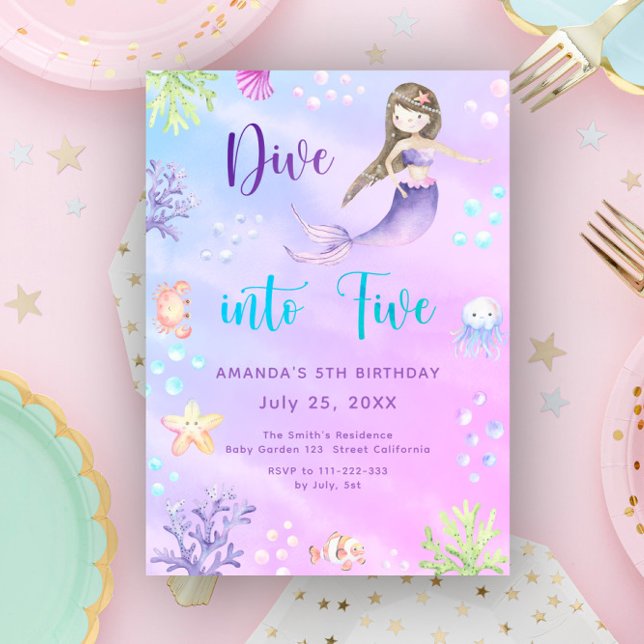 Mermaid Girl Dive Into Five 5th Birthday Party Invitation (Creator Uploaded)