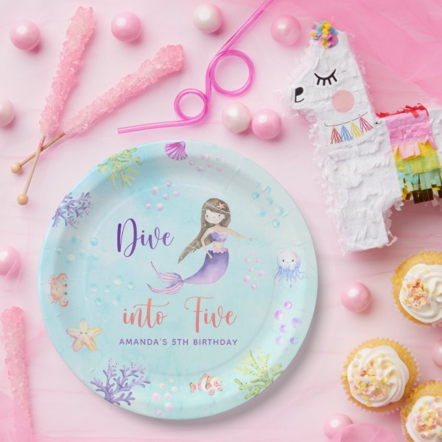 Mermaid Girl Dive Into Five 5th Birthday Party Paper Plate (Party)