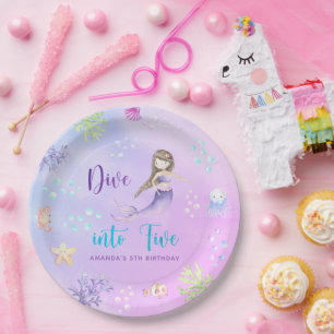 Mermaid Girl Dive Into Five 5th Birthday Party Paper Plate