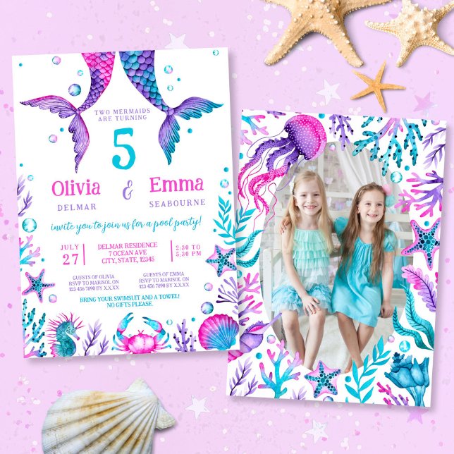 Mermaid Girl Friends Joint Birthday Party Photo Invitation (Mermaid Girl Friends Joint Birthday Party Photo Invitation)