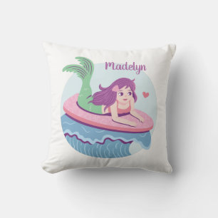 Mermaid Girl On Surfboard Ocean Room Decor Cushion