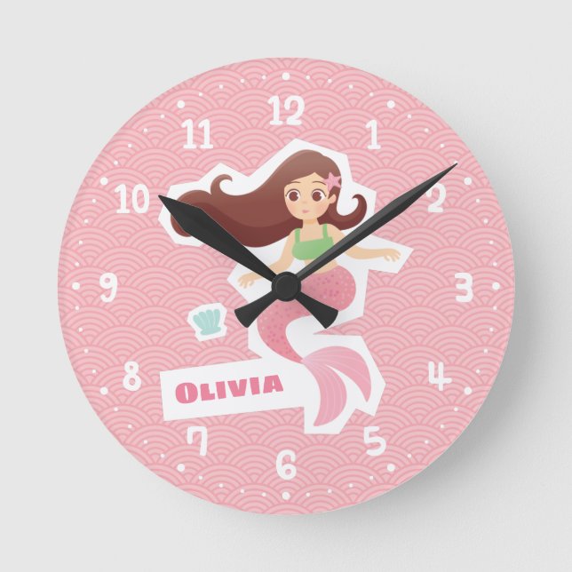 Mermaid Girl Pink Wave Pattern Room Wall Clock (Front)