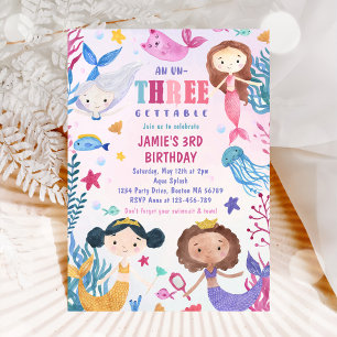 Mermaid Girl Under The Sea 3rd Birthday Party Invitation