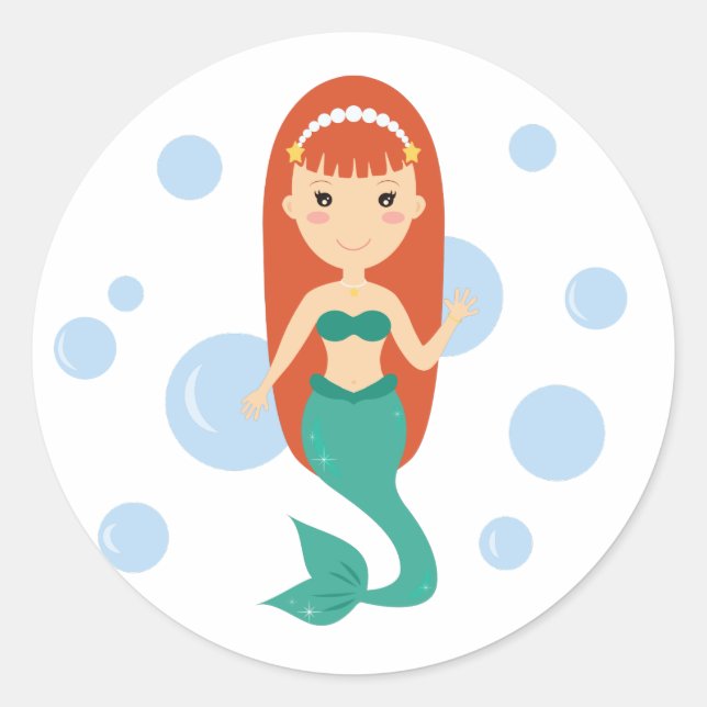 Mermaid girl waving among bubbles round sticker (Front)