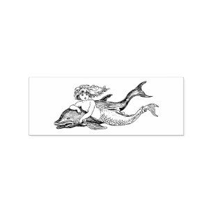 Mermaid girl with dolphin drawing rubber stamp