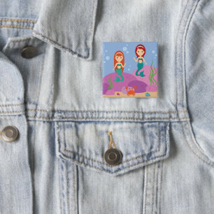 Mermaid girlfriends swimming underwater and waving 15 cm square badge
