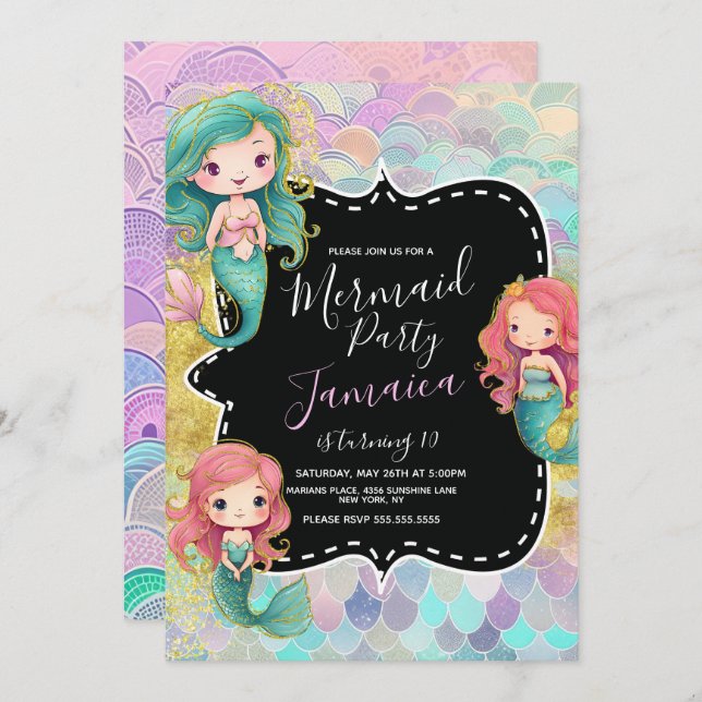 Mermaid Girls Birthday Party Purple Glitter Invitation (Front/Back)