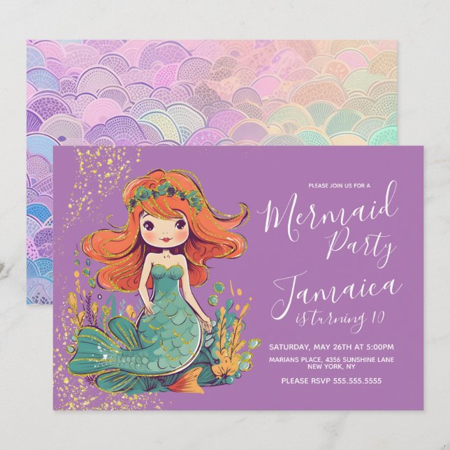 Mermaid Girls Birthday Party Purple Invitation (Front/Back)