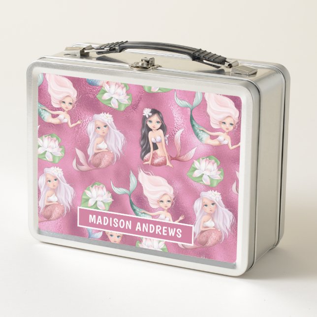 Mermaid Girly Chic Metallic Pink Personalised Name Metal Lunch Box (Front)