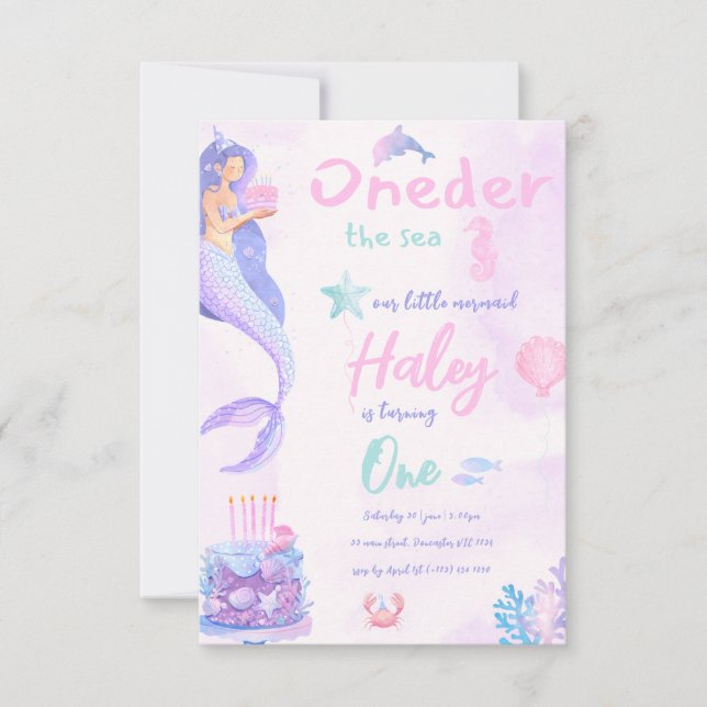 Mermaid Girly Pink and Purple 1st Baby Birthday  Invitation (Front)
