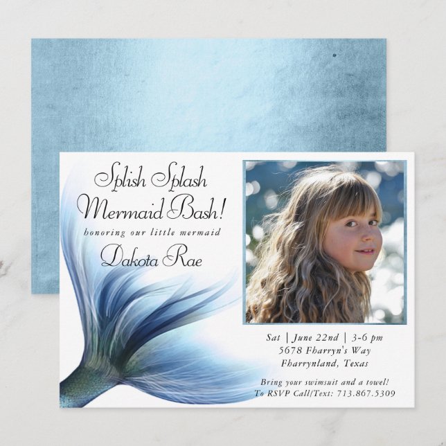 Mermaid Glam | Dusty Ice Blue Photo Splish Splash Invitation (Front/Back)