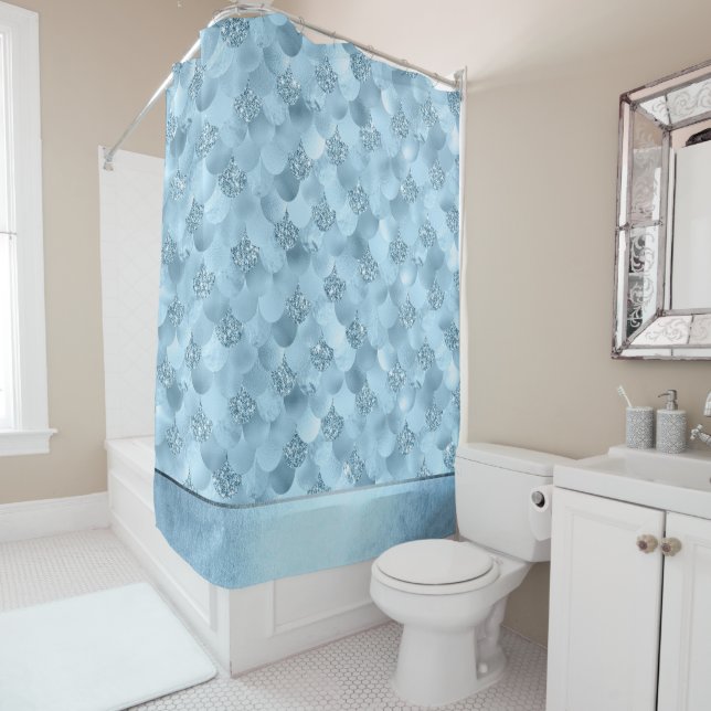 Mermaid Glam Scale | Dusty Ice Blue Sheen Lustre Shower Curtain (In Situ)