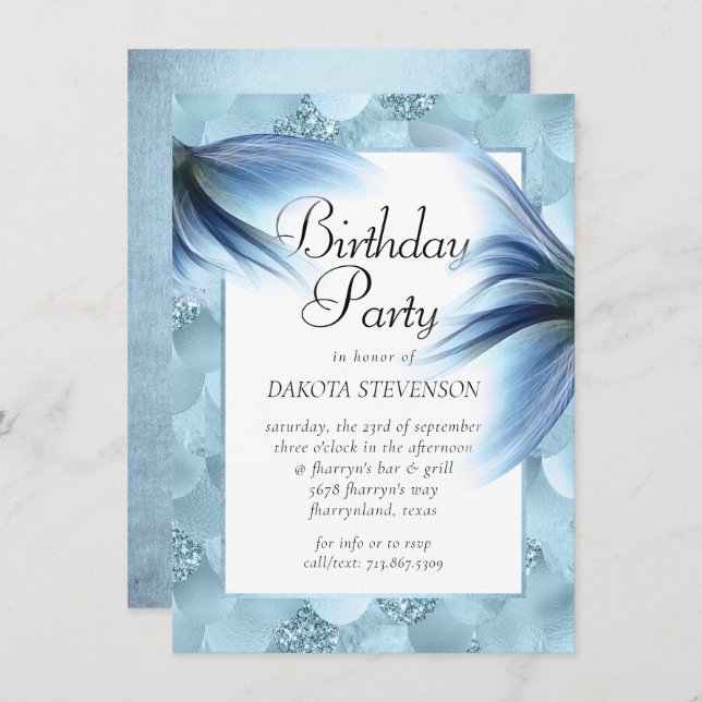 Mermaid Glam Tail | Dusty Ice Blue Lustre Birthday Invitation (Front/Back)