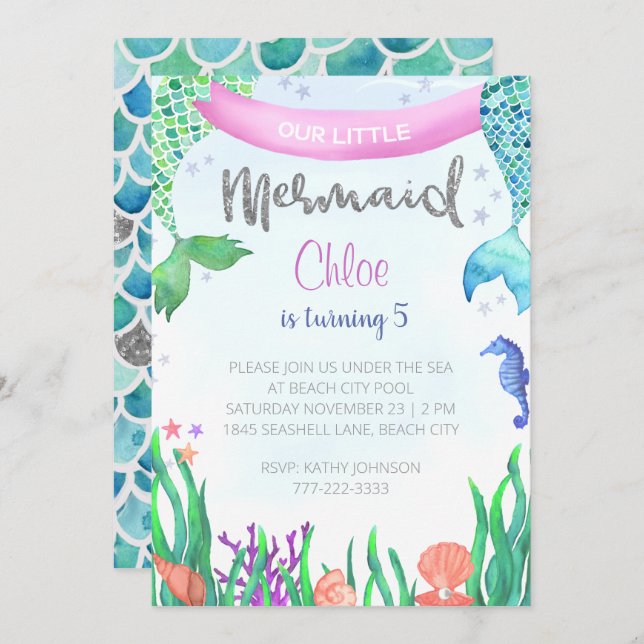 Mermaid Glitter Birthday Party Invitation (Front/Back)