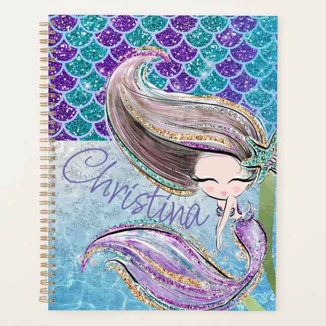 Mermaid Glitter Illustration with Tail Scales Planner (Front)