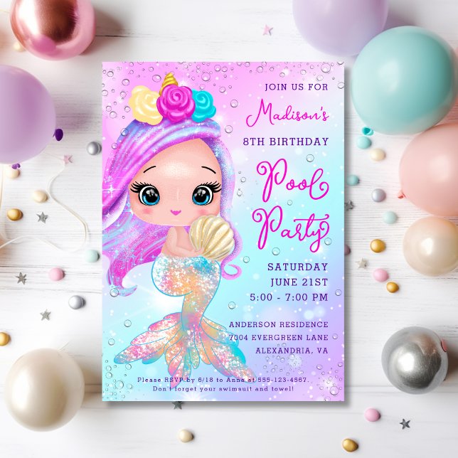 Mermaid Glitter Pool Party Birthday Invitation (Creator Uploaded)