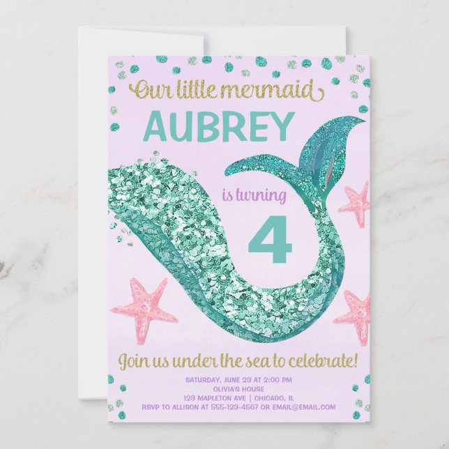 Mermaid glitter tail pink purple teal birthday invitation (Front)
