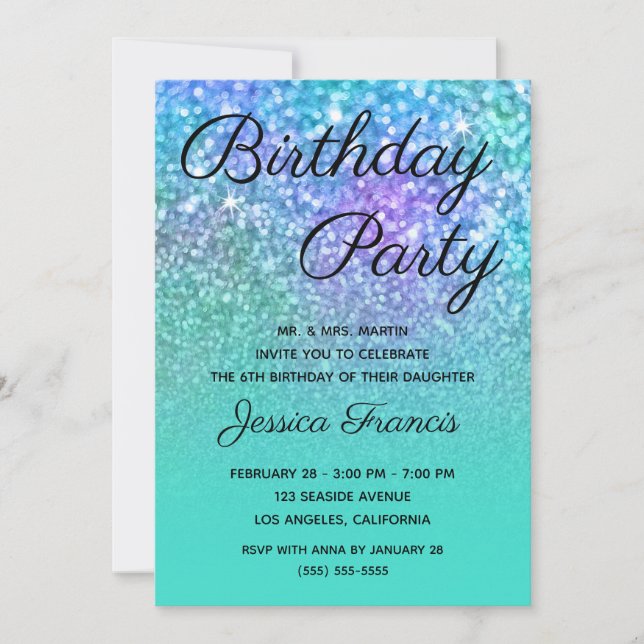 Mermaid Glitter Turquoise Blue Ombre Birthday Invitation (Front)