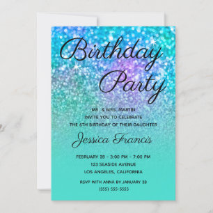 Mermaid Glitter Turquoise Blue Ombre Birthday Invitation