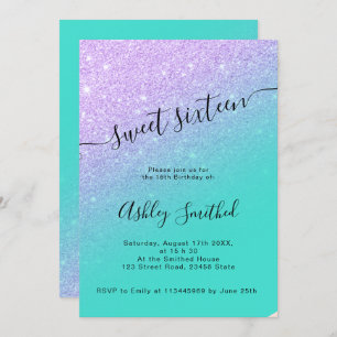 Mermaid glitter turquoise ombre chic sweet 16 invitation